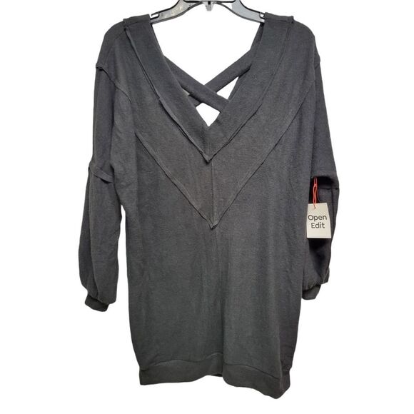 Open Edit Womens Sweater Dress Black Stretch V Neck Long Sleeve Knit - Picture 3 of 7